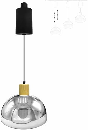 Adjustable Height Pendant Light Natural Wood Smoke Grey Glass Shade E26 Dimmable