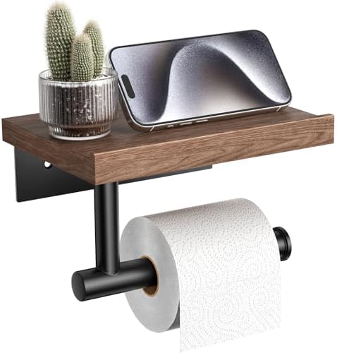 Sturdy Elegant Toilet Paper Holder with Wooden Shelf for Bathroom