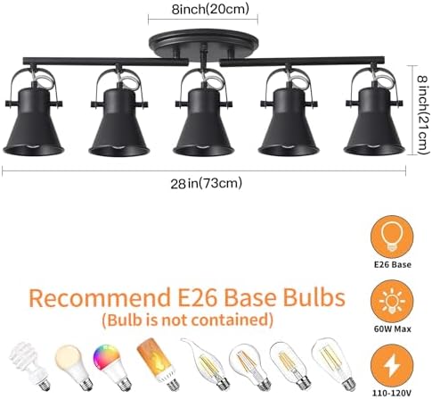 SEEBLEN 5-Light Track Lighting Kit Adjustable Industrial Black Track Lighting Fixtures Ceiling