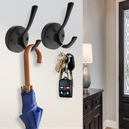 TOFIIGREM 3-Pack Double Wall Hooks Black Robe Hand Towels Heavy Duty Metal