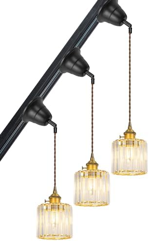 Yequandec 3-Pack Adjustable Track Pendant Light with Crystal Shade and Gold Base
