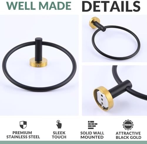 APLusee Premium SS Hand Towel Ring Black Gold Modern Design for Bathroom