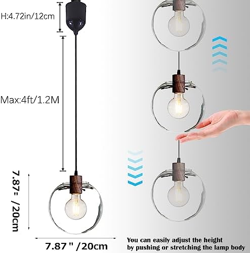SKIVTGLAMP Adjustable Height Pendant Light with Clear Glass Globe and Wood Shade