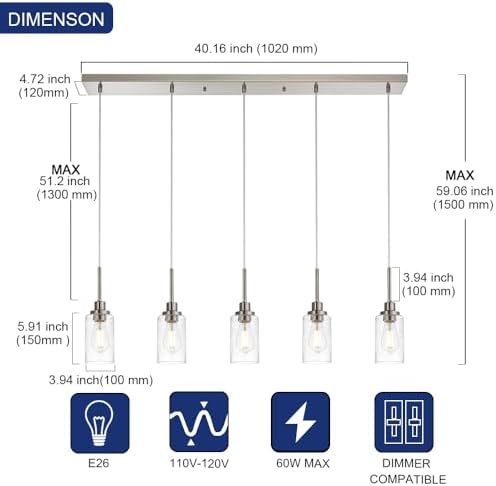 Todolo premium 5-Light Farmhouse Pendant Light Brushed Nickel Seeded Glass Shade
