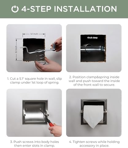 FORIOUS Recessed Toilet Paper Holder Stainless Steel Durable Wall-Mounted Tissue Roll Dispenser