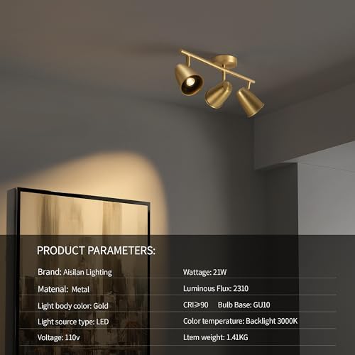 Modern 3000K 3-Light LED Track Lighting with Rotating Heads and Gold Finish
