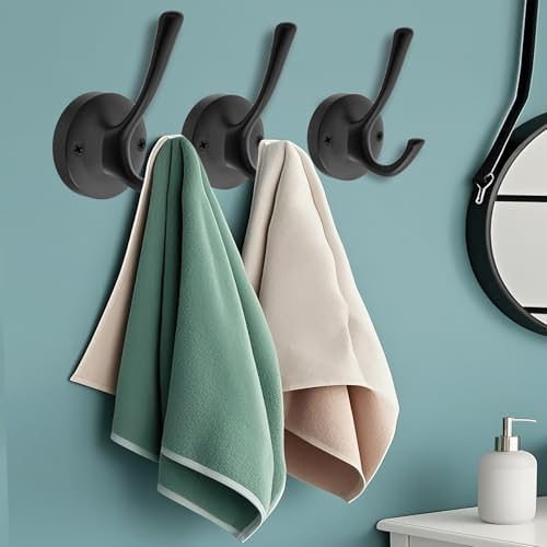 TOFIIGREM 3-Pack Double Wall Hooks Black Robe Hand Towels Heavy Duty Metal