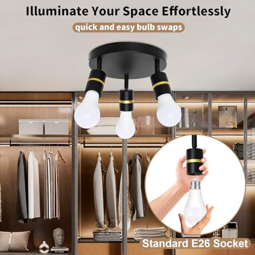 Track Lighting Kit - 360 Degree Rotatable Ceiling Lighting with Black Design E26 compatible