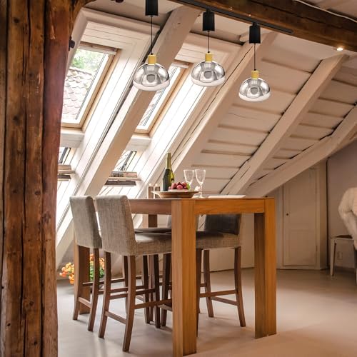 Adjustable Height Pendant Light Natural Wood Smoke Grey Glass Shade E26 Dimmable