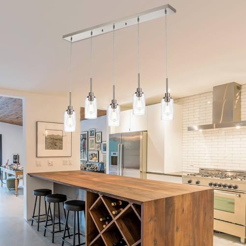 Todolo premium 5-Light Farmhouse Pendant Light Brushed Nickel Seeded Glass Shade
